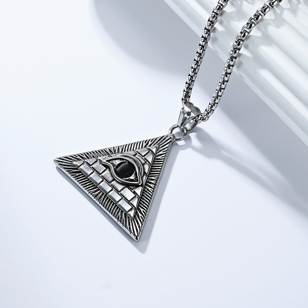 Kemstone Men’s Titanium Steel Pyramid Eye Necklace – Vintage Triangle Pendant K-PT660