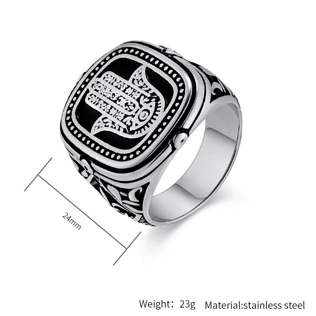 Kemstone Men’s Stainless Steel Hamsa Hand Ring – Vintage Protection Jewelry K-R904