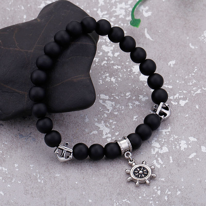 Kemstone Stainless Steel Ship Wheel Beaded Bracelet for Men, 8mm Matte Black Agate Nautical Helm Charm KB92957-BD