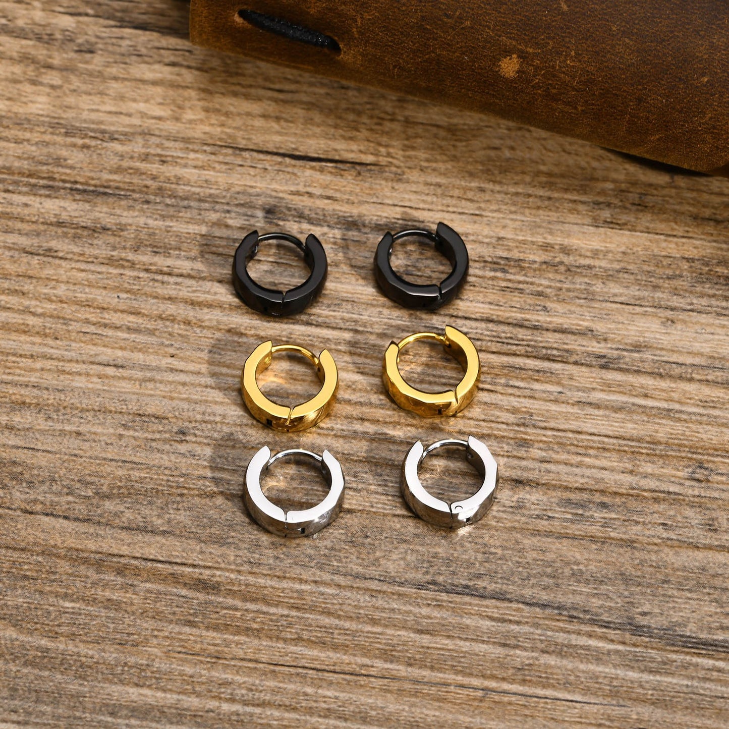 Kemstone Men’s Stainless Steel Hoop Earring – Faceted Punk Style in Black, Silver, Gold EH-552