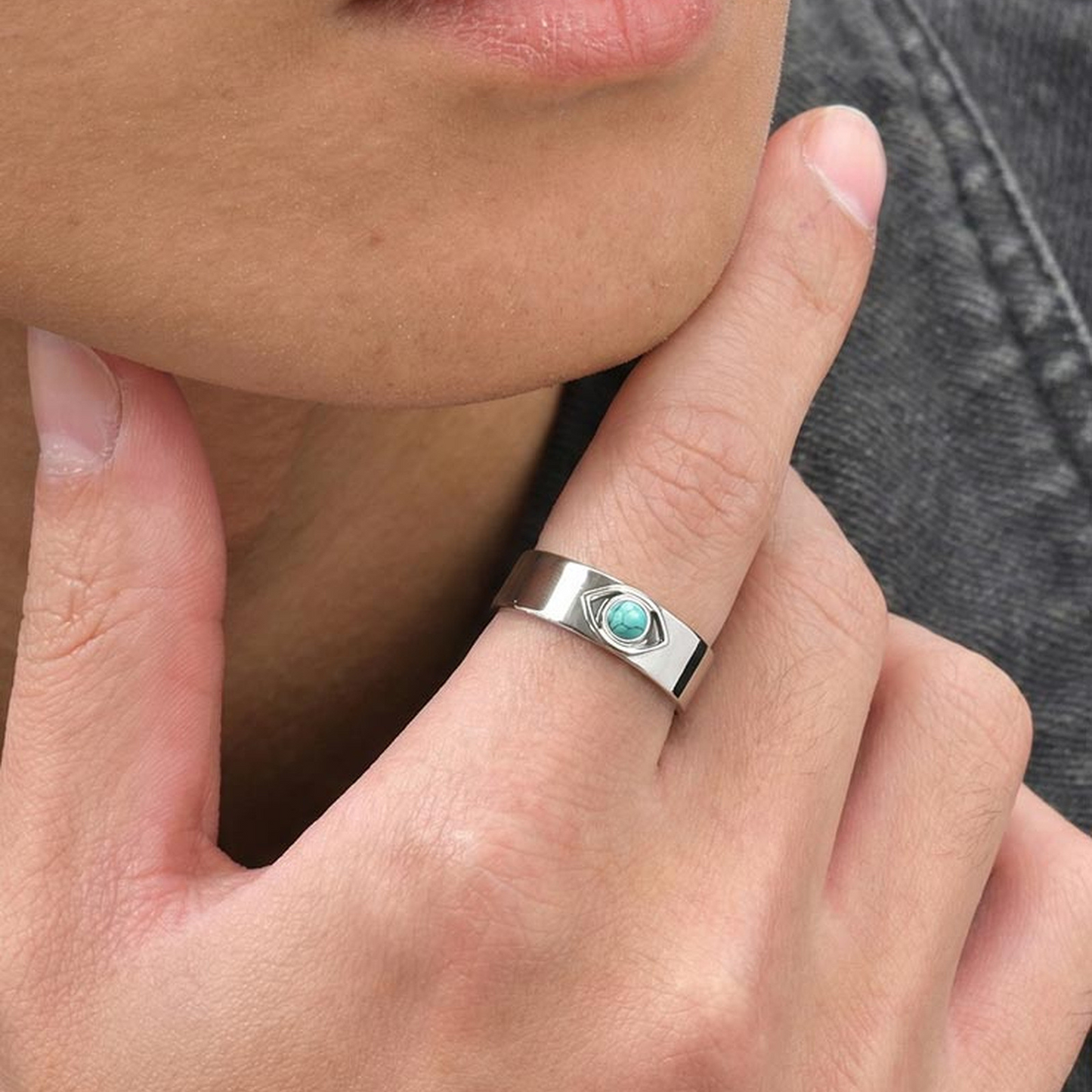 Kemstone Stainless Steel Turquoise Evil Eye Open Ring for Men RC-1022