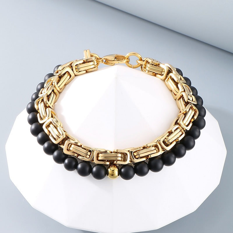 Kemstone Double Chain Bracelet for Men – Stainless Steel & Black Agate Beads, Viking Punk Style