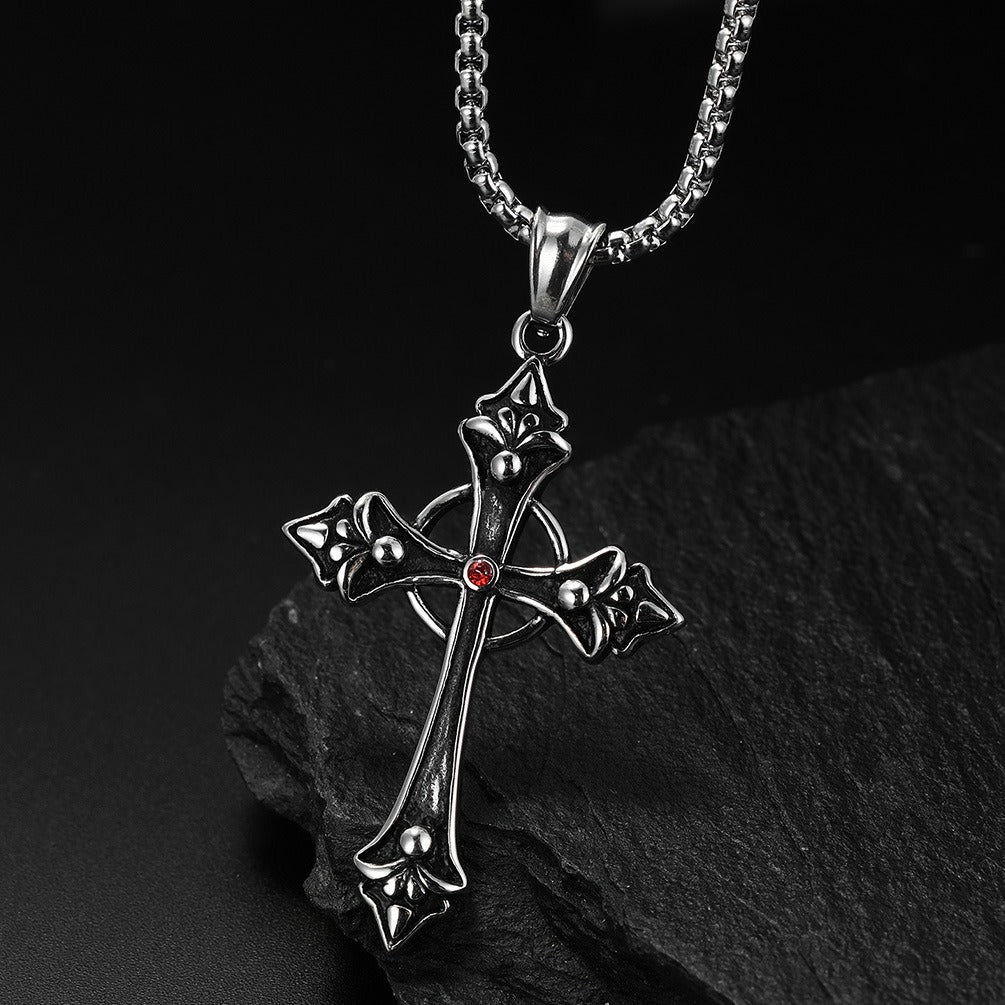 Kemstone Stainless Steel Red Cubic Zirconia Cross Pendant Necklace for Men Vintage Silver K-PT396