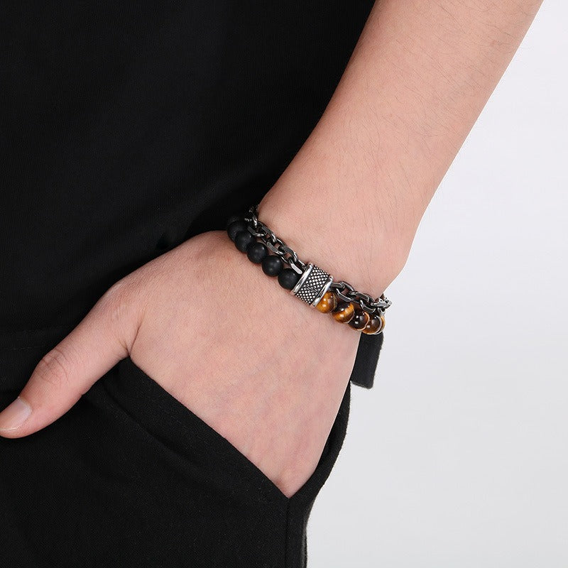 Kemstone Tiger Eye & Turquoise Bead Bracelet – Dual-Layer Steel Chain Men’s Jewelry with Vintage Map Stone Vibe KB182645