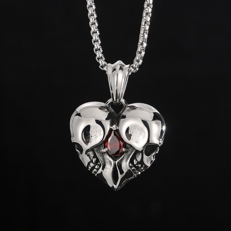 Kemstone Titanium Steel Skull Heart Necklace – Gothic Red Zircon Pendant KP98350