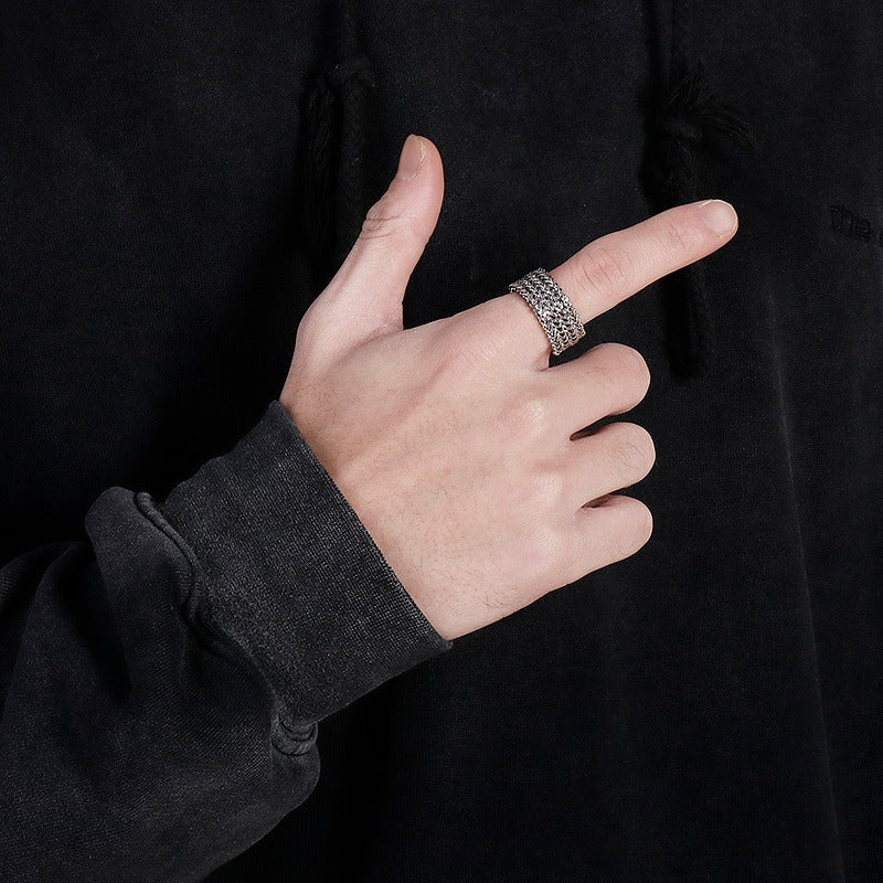 Kemstone Retro Punk Titanium Steel Ring - 4-Bars Motorcycle Chain Inspired Bold Men's Stainless Steel Finger Accessory KR92114