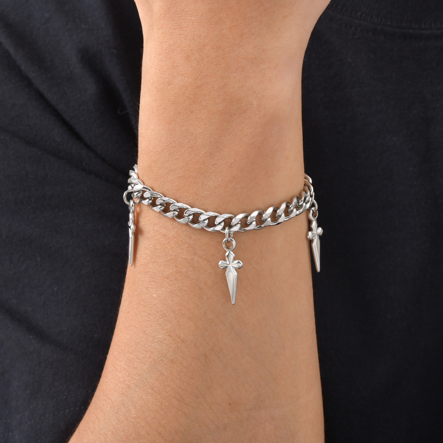 Kemstone Cuban Link Bracelet with Cross Charms Stainless Steel Adjustable Chain for Men BR-2809