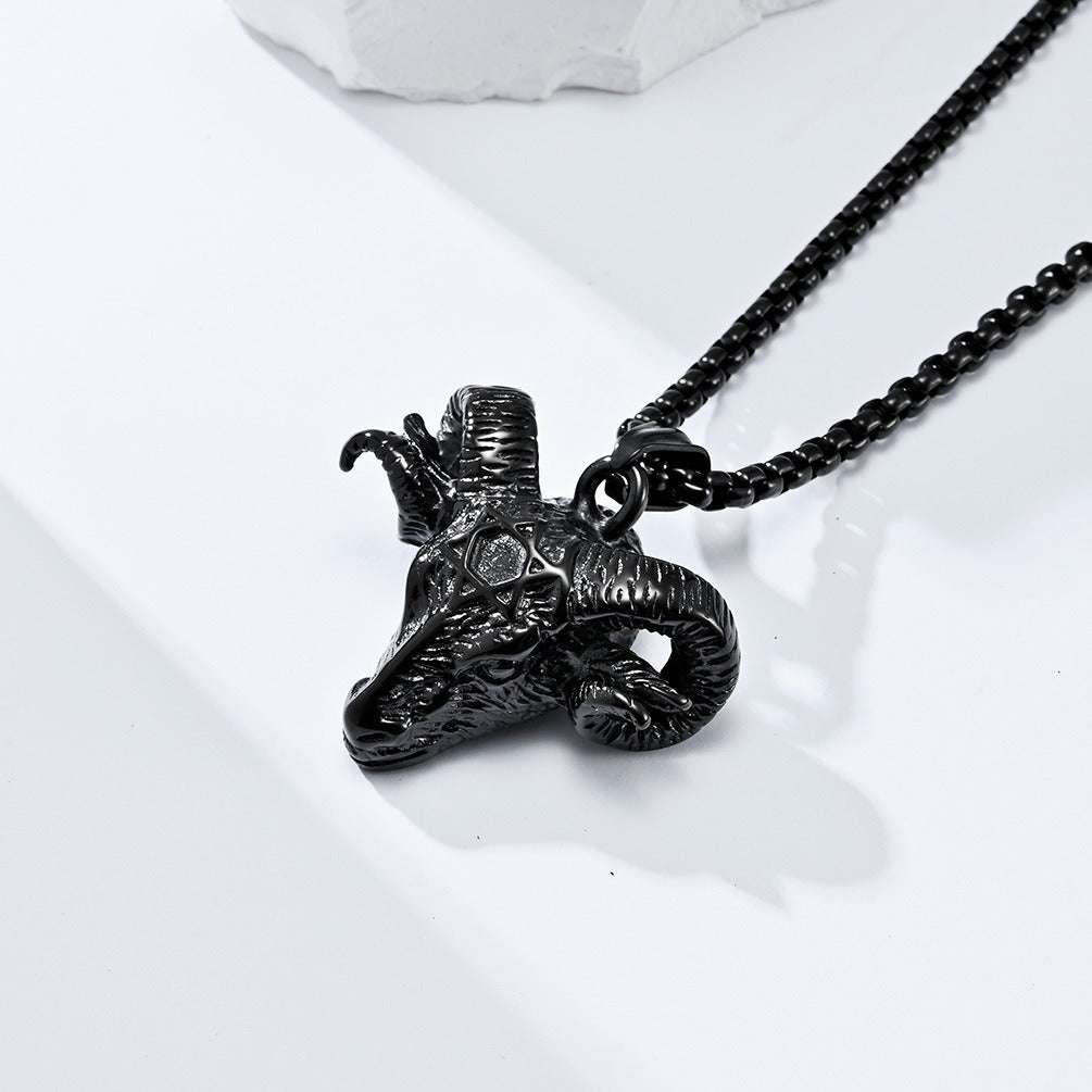 Kemstone Titanium Steel Ram Head Necklace – Gothic Pentagram Pendant K-PT437