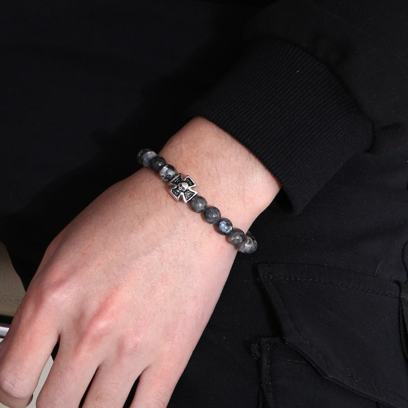 Kemstone Black Onyx Skull Bracelet – Gothic Cross, Howlite & Tiger Eye Beads with Adjustable Titanium Steel Chain for Men KB70686-BD