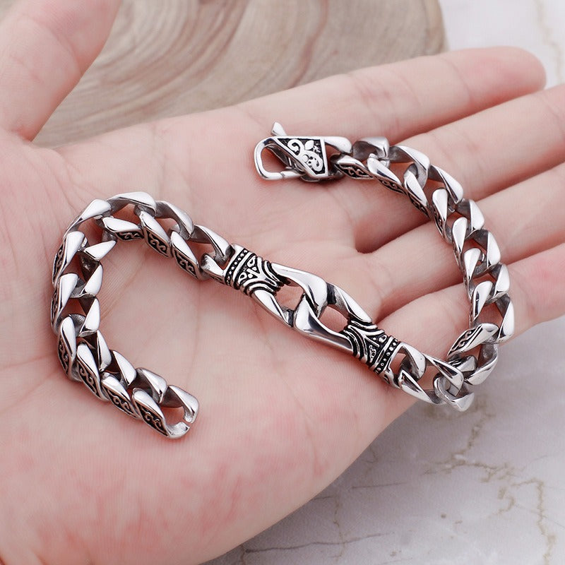 Kemstone Men's Vintage Cuban Chain Bracelet – Engraved Titanium Steel Punk Cuff for Gothic Streetwear KB80116-BD