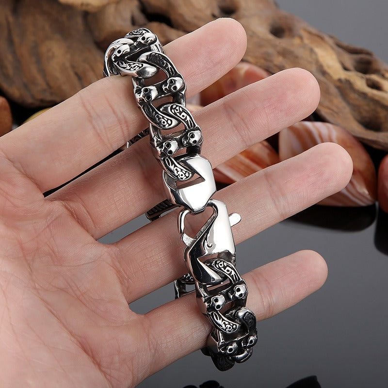 Kemstone Matte Black Skull Bracelet – Titanium Steel Cuban Chain for Men | Gothic Punk Streetwear Jewelry KB162805-KJX