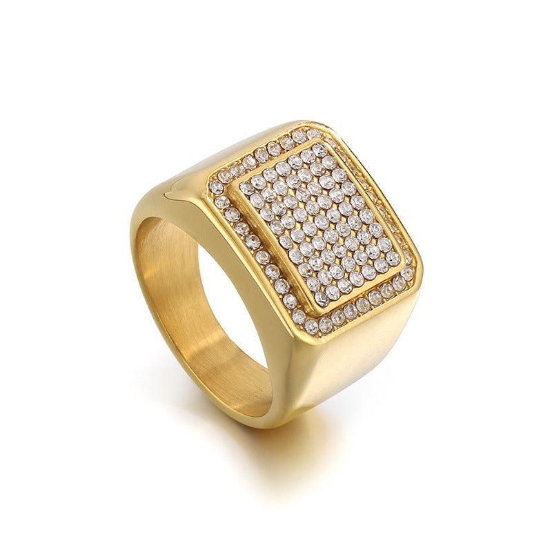 Anillo de estilo hip hop cuadrado Kemstone - Diseño llamativo de cristal tallado a mano, joyería de acero de titanio para hombre con un toque urbano y presencia escénica KR111021-MZO