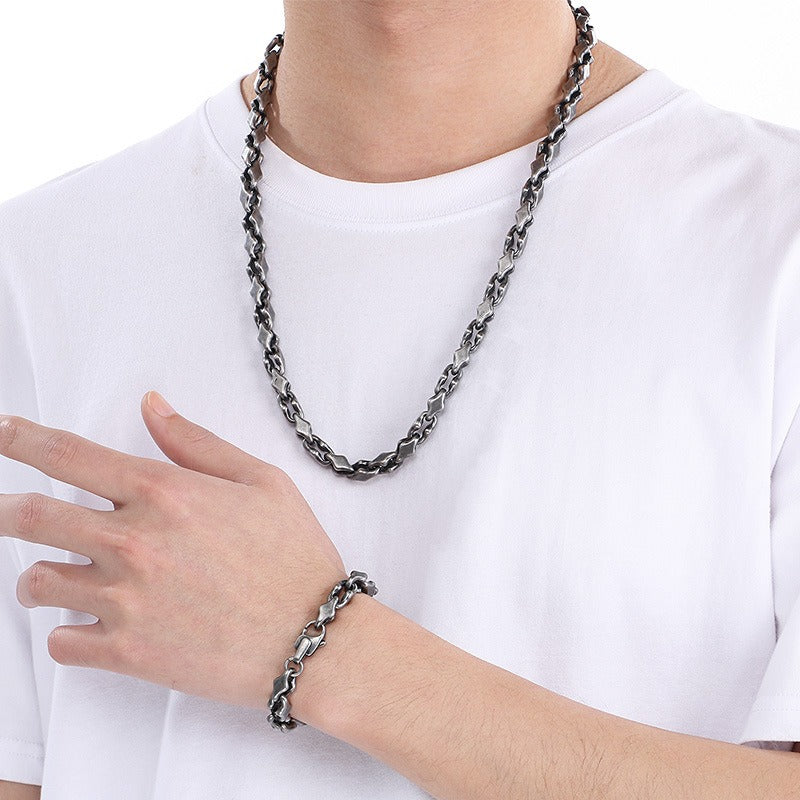 Kemstone Steel Link Jewelry Set – Men’s Hip-Hop Chain Necklace & Bracelet with Geometric Links