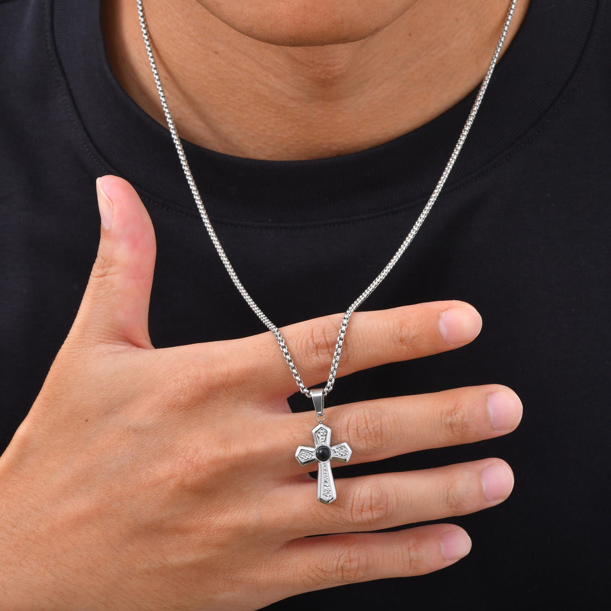 Kemstone Black Agate Cross Pendant Necklace for Men Stainless Steel Punk Style PN-2430