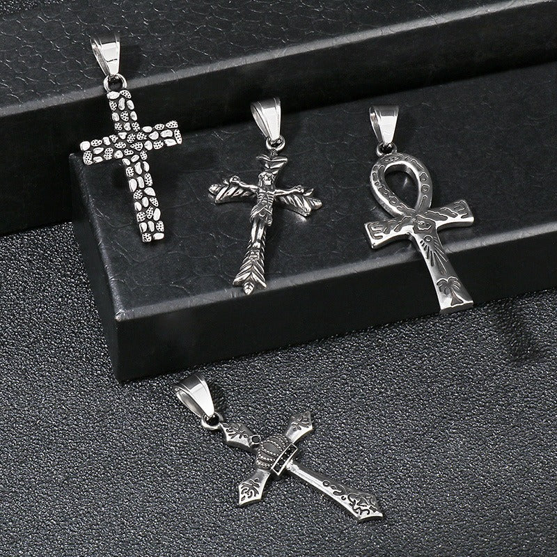Kemstone Titanium Steel Punk Crown Cross Pendant – Vintage Hieroglyphic Engraved Necklace KP120067
