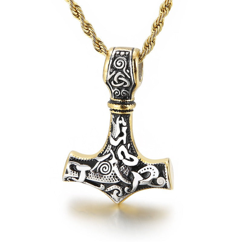 Kemstone Viking Thor’s Hammer Pendant – Stainless Steel Norse Amulet with Skull Connector KP96348