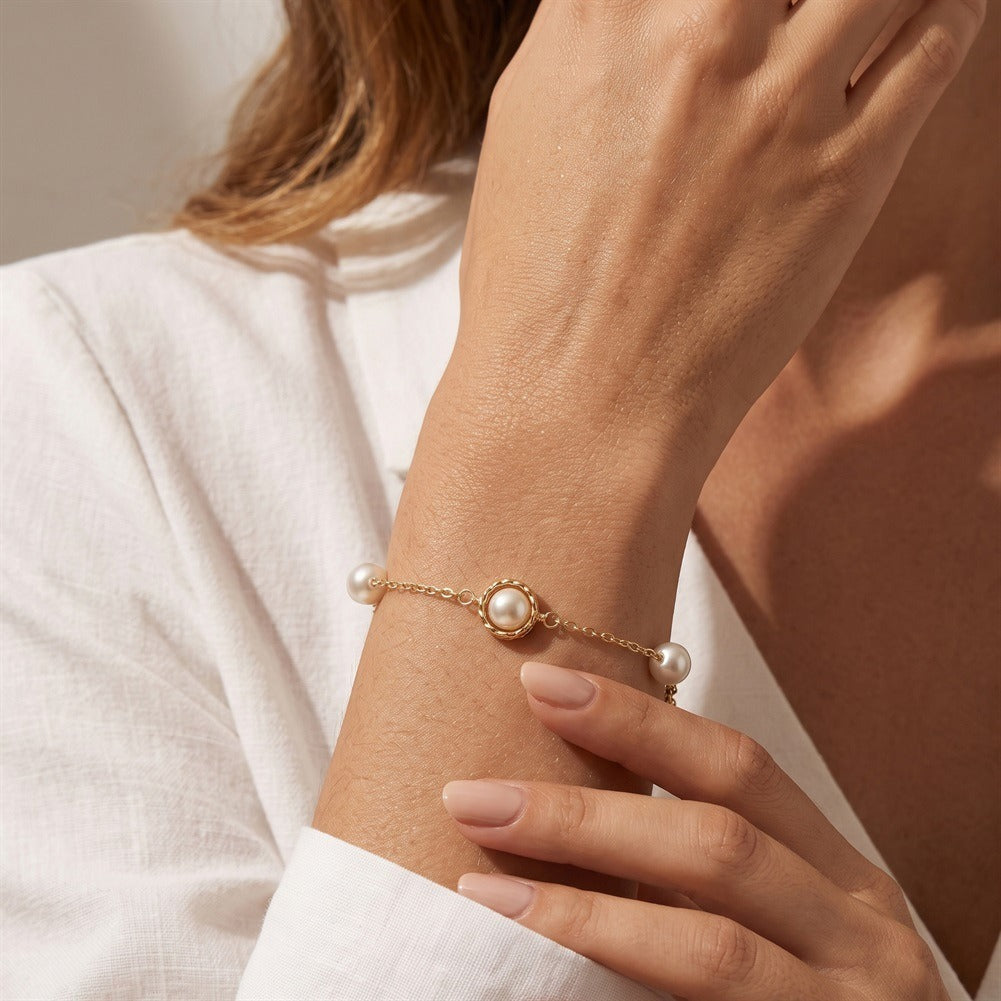 Kemston Spaced Shell Pearl Bracelet for Women 925 Sterling Silver PSB14