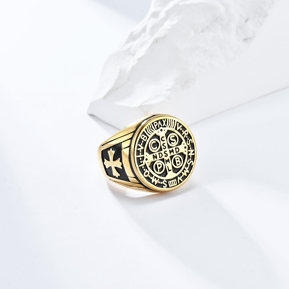 Kemstone Gothic Exorcist Ring – Vintage Stainless Steel Saint Benedict Cross Band for Men | Punk Streetwear Style