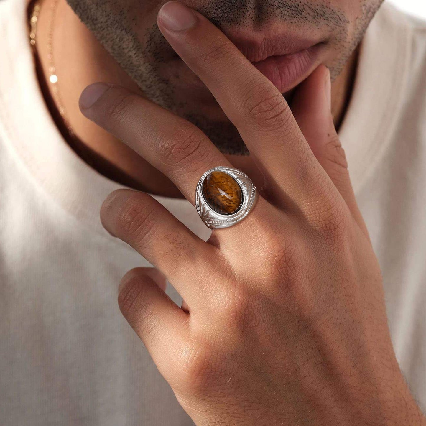 Men's Stainless Steel Tiger Eye Oval Ring – Norse Gothic Power Symbol, Vintage Steel Finish RC687