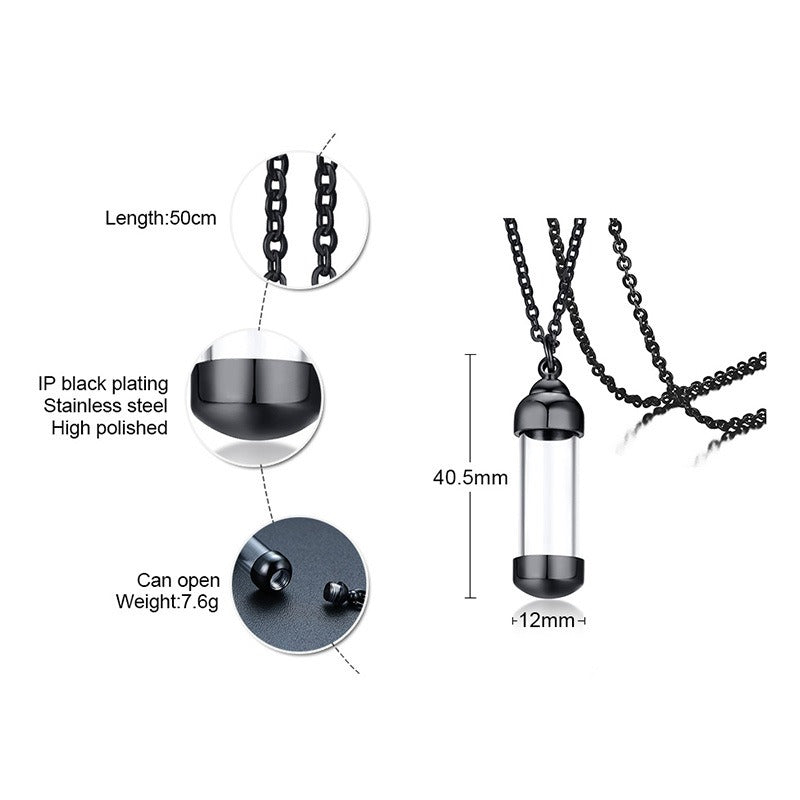 Kemstone Men’s Stainless Steel Glass Vial Pendant Necklace – Gothic Memorial Perfume Bottle Urn Amulet PN-716