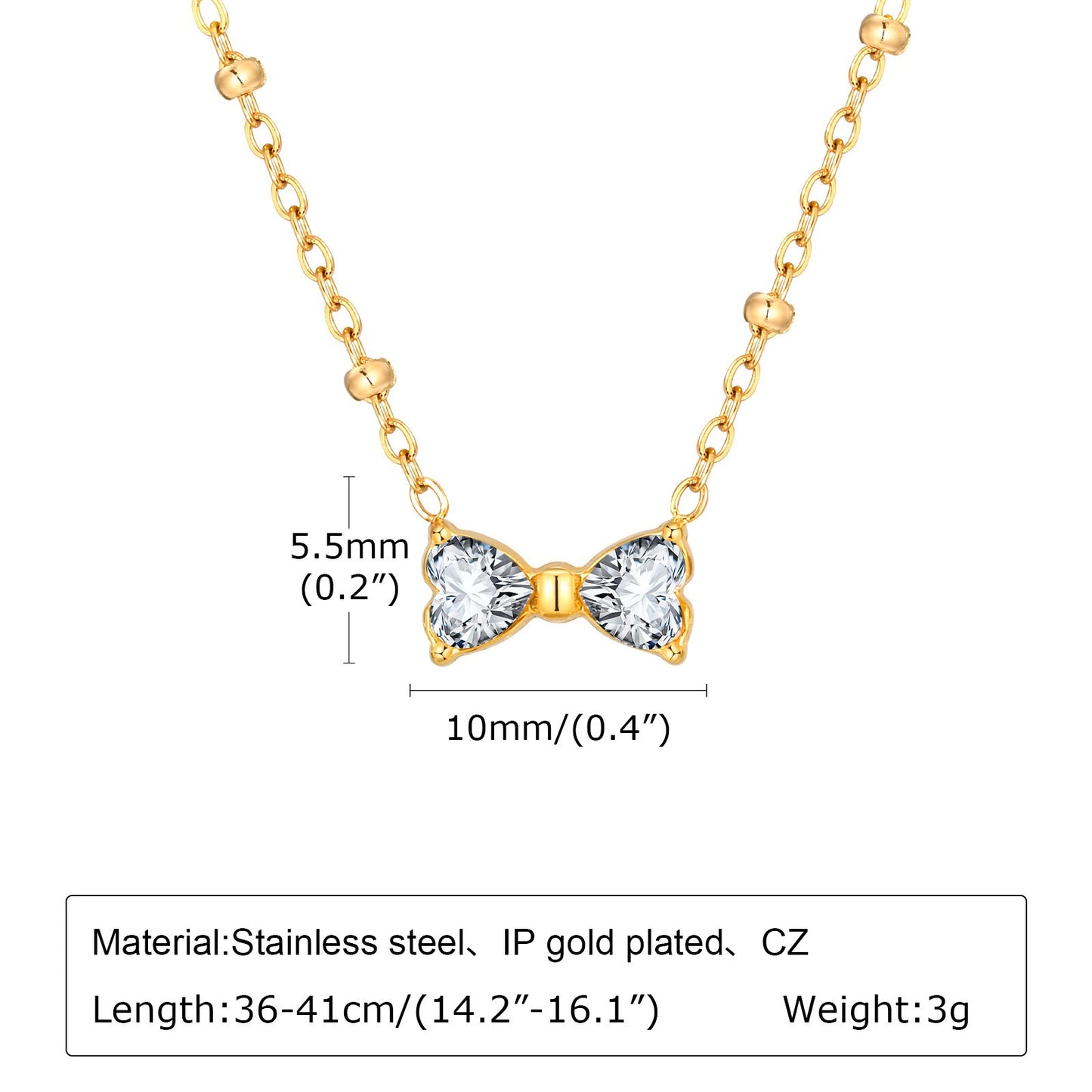 Delicado collar de lazo de acero inoxidable Kemstone con circonitas de cristal y cadena de cuentas. Joyería minimalista en tono dorado para mujer. NC-1718