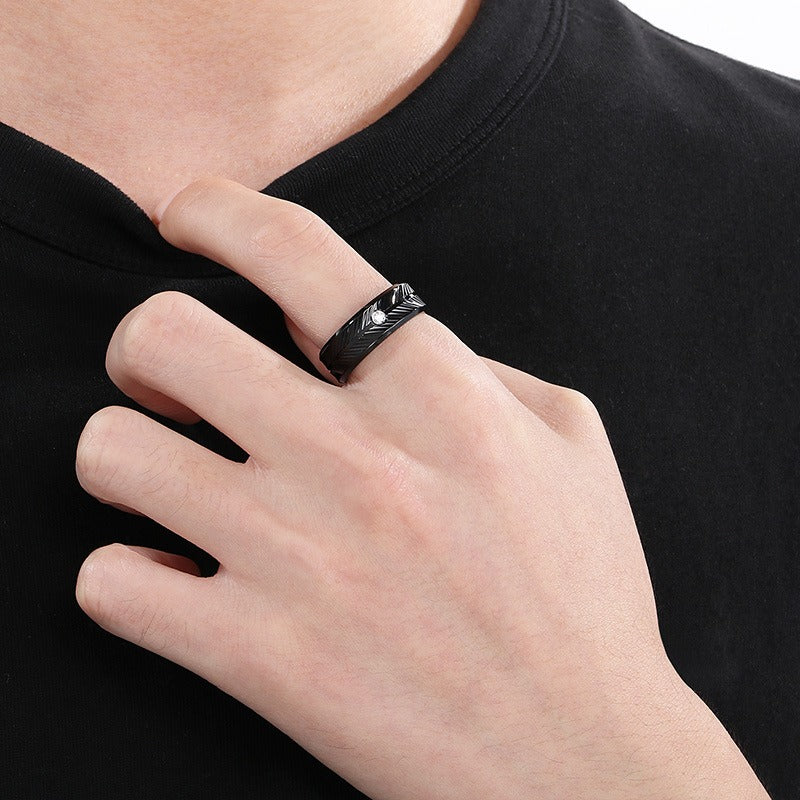 Kemstone Steel Feather Ring – Gothic Circle Band with CZ Stones for Men KR110876-GC