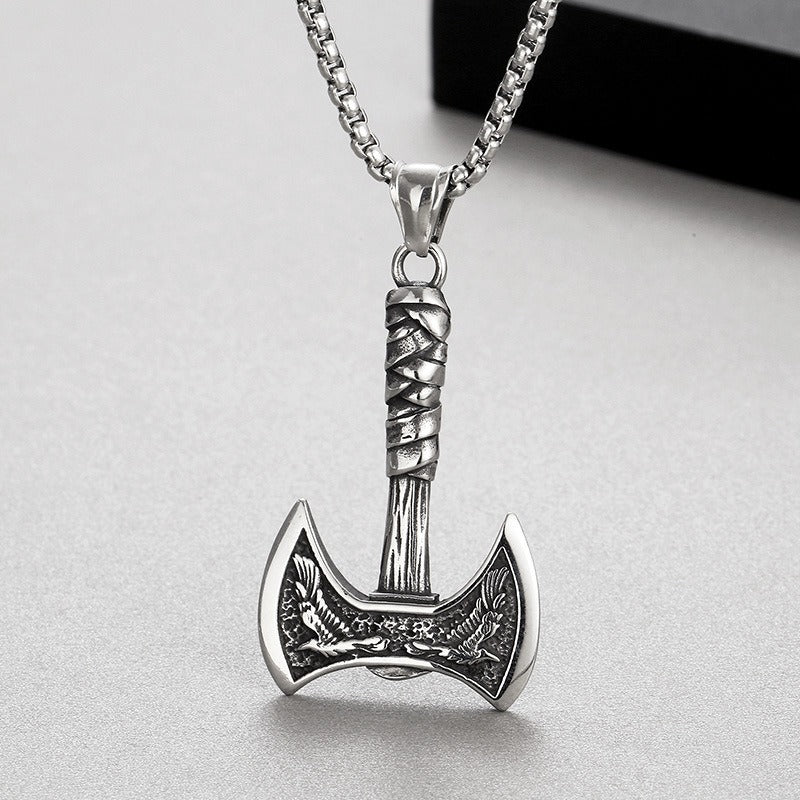 Kemstone Viking Axe & Raven Pendant – Norse Rune Titanium Steel Necklace for Men KP130627-TLX