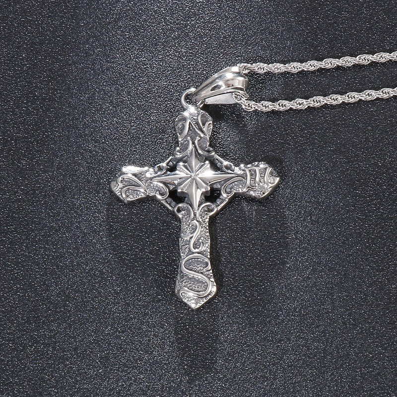 Kemstone Rugged Cross Pendant – Punk Vintage Stainless Steel Necklace for Men | Gothic Streetwear Jewelry KP56209