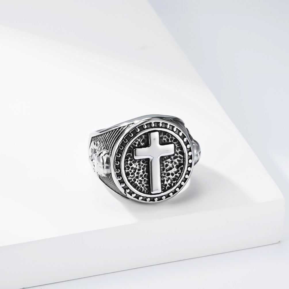 Kemstone Titanium Steel Cross Medallion Ring for Men Two Tone Round Signet Vintage Style Silver Gold Black K-R1140