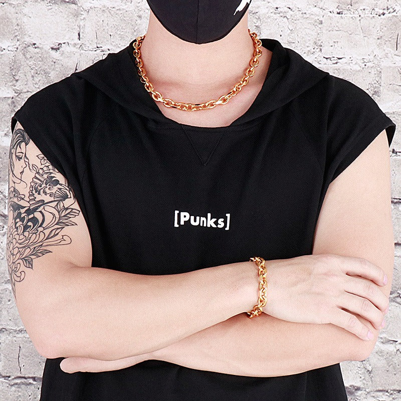 Kemstone Matte Stainless Steel O-Link Chain Set – Gothic Rock Choker & Bracelet for Men’s Urban Streetwear KS138454-Z