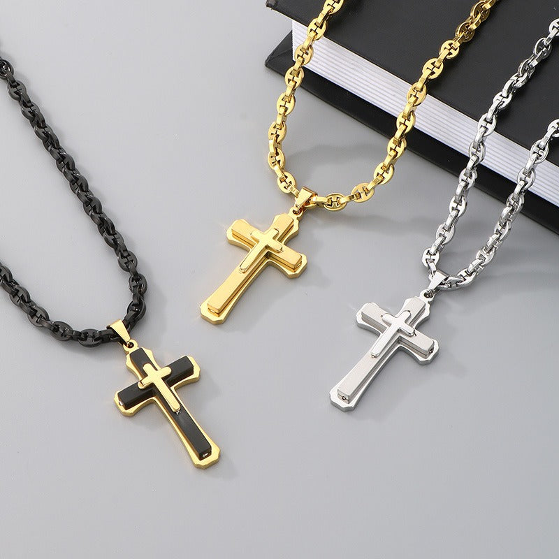 Kemstone Titanium Steel Vintage Bamboo Chain Necklace – Triple Cross Pendant for Men KN288587-K