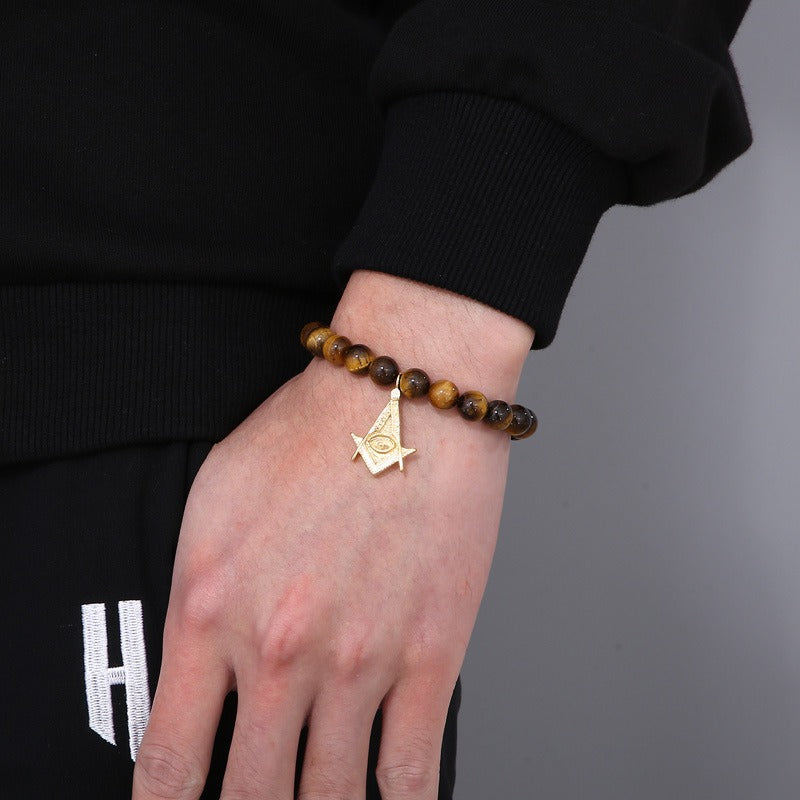 Kemstone Black Onyx Beaded Bracelet – CZ Crown, Freemason Cross & Tiger Eye Accent for Men’s Gothic Streetwear KB69789-BD