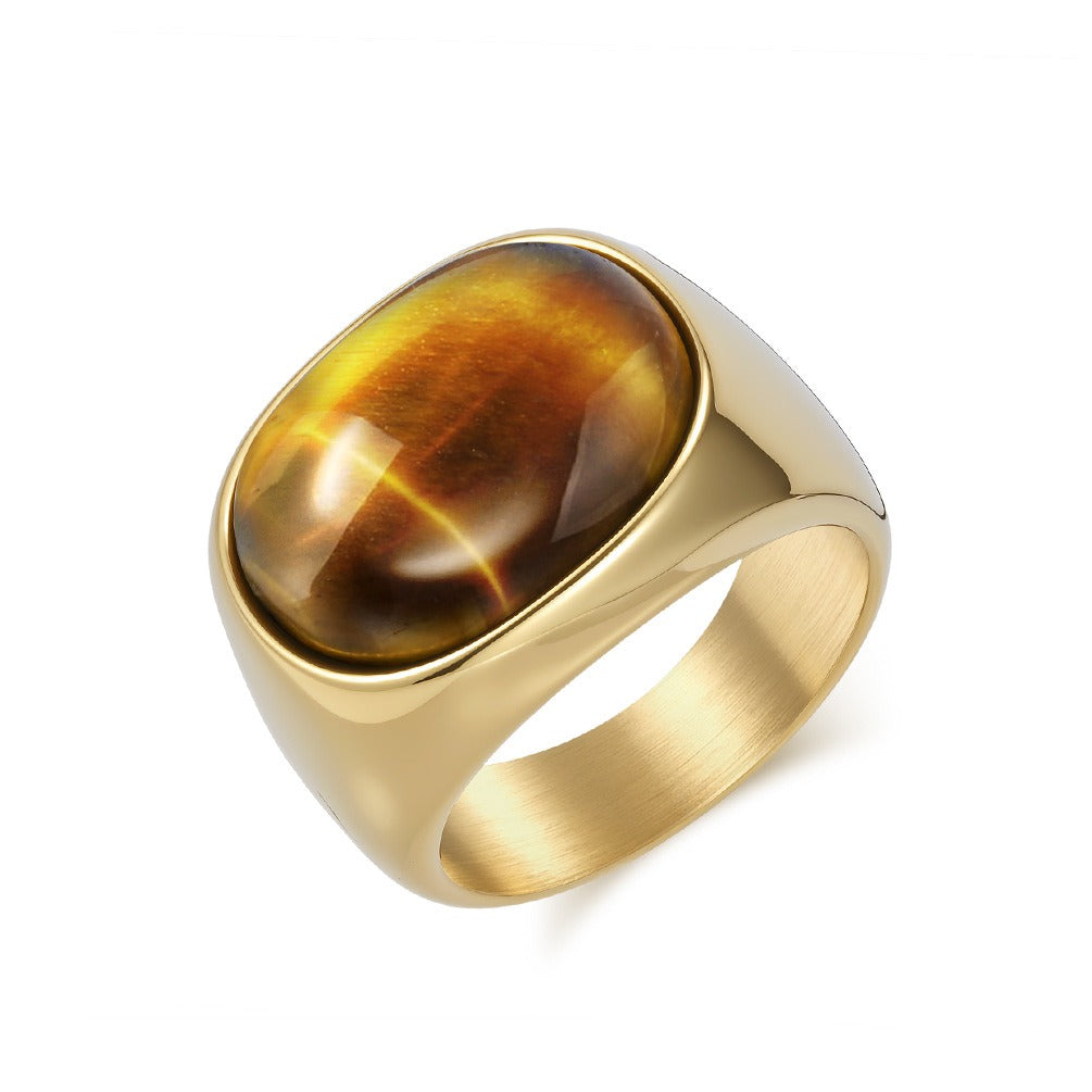 Kemstone Men’s Stainless Steel Tiger Eye Ring – Vintage Oval Gemstone Band K-R1030