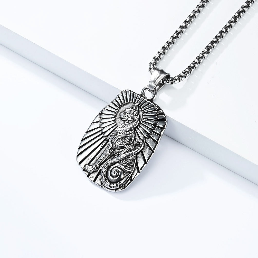 Kemstone Ancient Cat Symbol Stainless Steel Pendant Necklace for Men – Engraved Relief, Gold Silver K-PT699