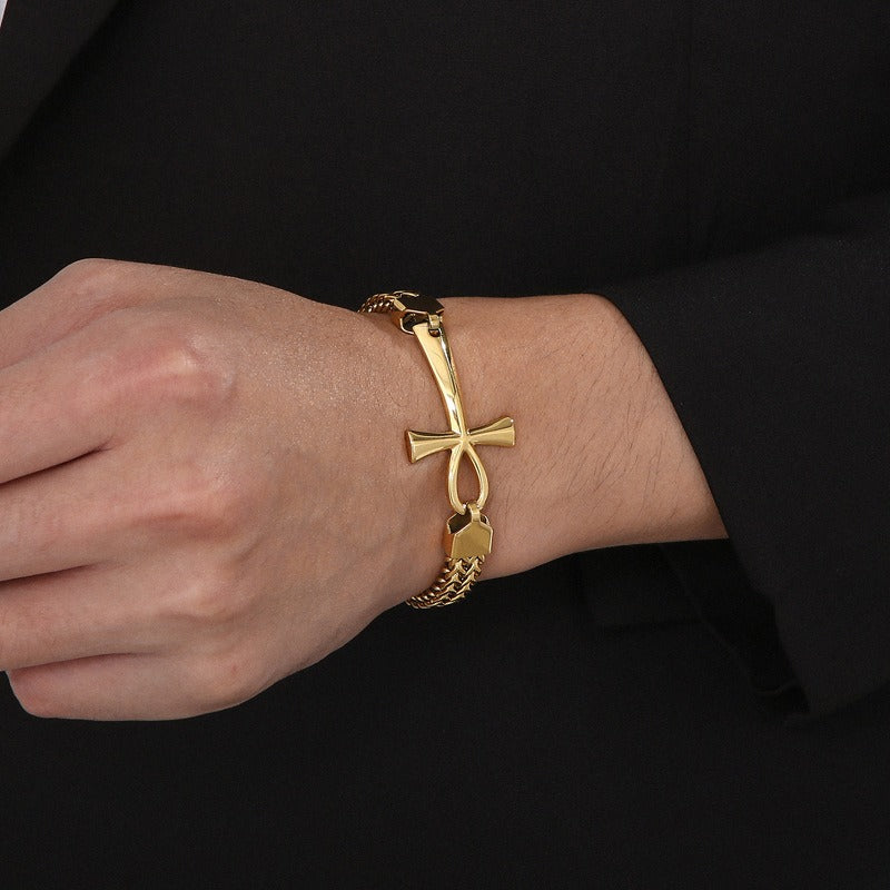 Kemstone Titanium Steel Rock 'n' Roll Dual-Weave Chain Bracelet with Vintage Cross Pendant KB164177-KFC