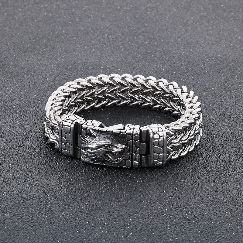 Bracciale in acciaio inossidabile con testa di lupo - Catena punk norrena da 16 mm | Chiusura gotica resistente KB184384