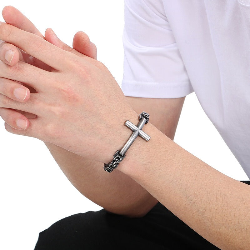 Kemstone Rock Revival Cross Cuff - Byzantine Chain Titanium Bracelet for Men with Vintage Gothic Motif KB190501