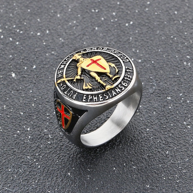 Anello con croce e scudo templare - Sigillo in acciaio inossidabile con armatura smaltata rossa | Gothic Street Faith KR112563