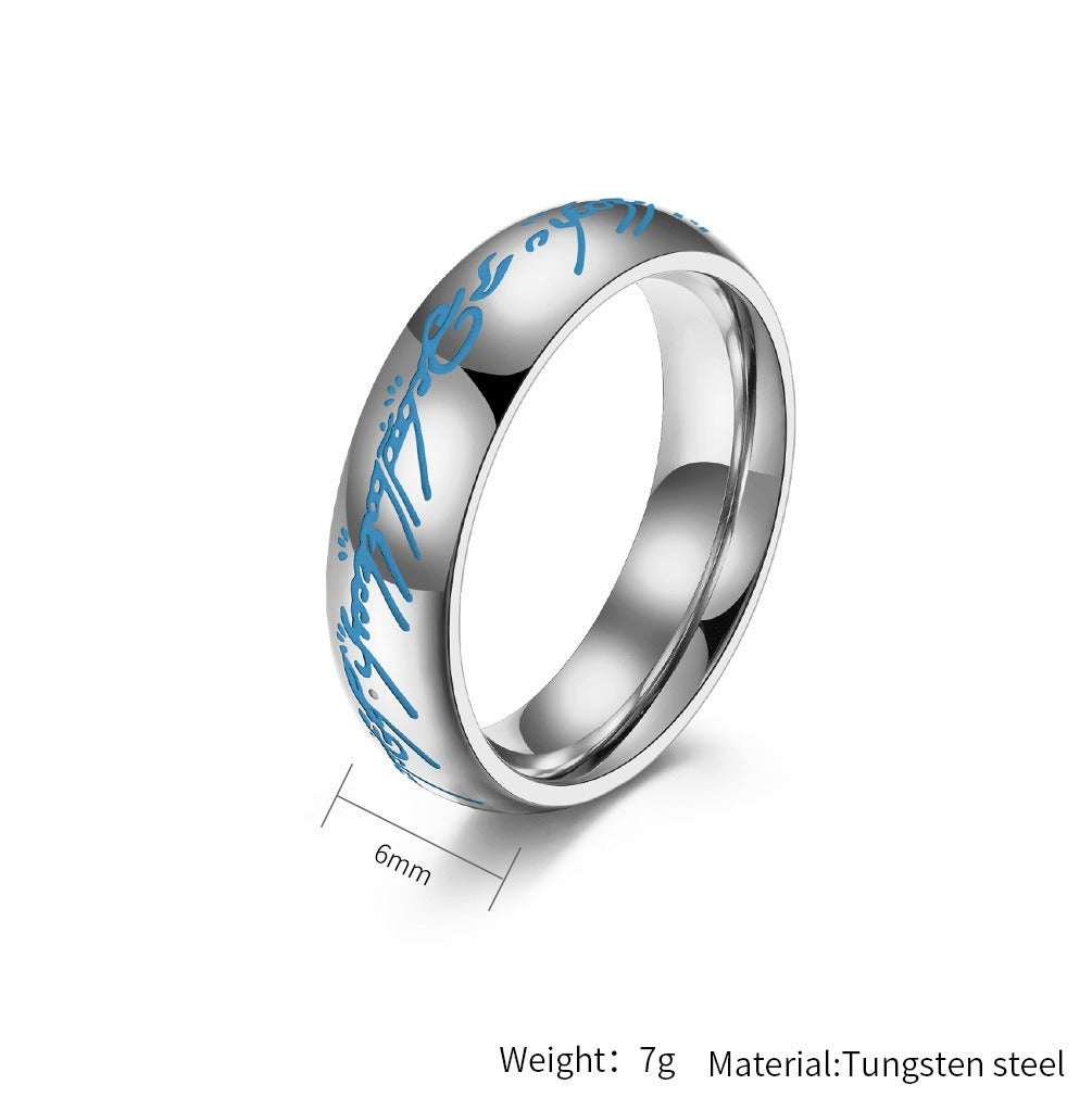 Kemstone Glow in the Dark Elvish Ring β Titanium Steel Script Band Gothic Norse Fantasy | K-R740