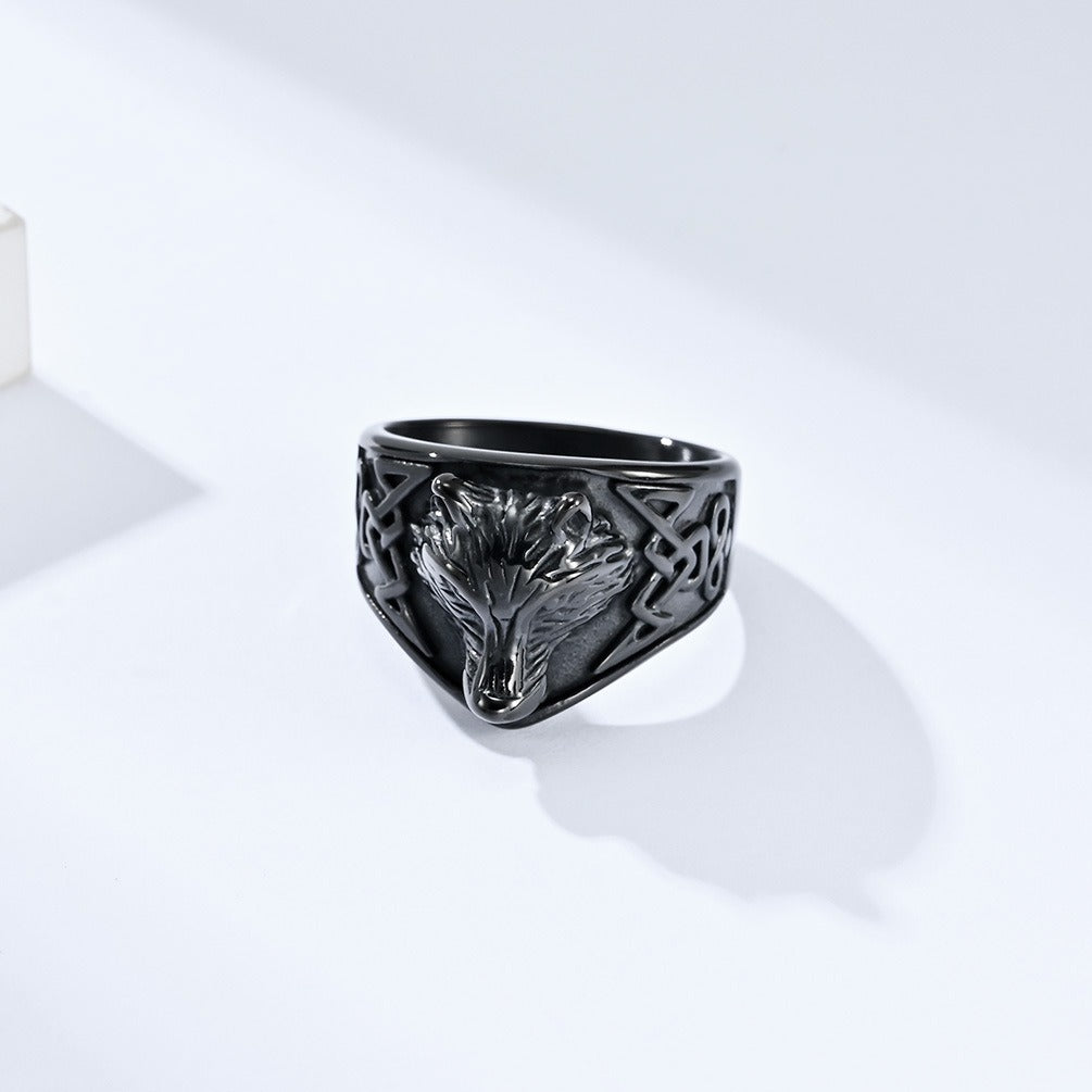 Kemstone Men’s Titanium Steel Celtic Wolf Head Ring – Vintage Symbol K-R692