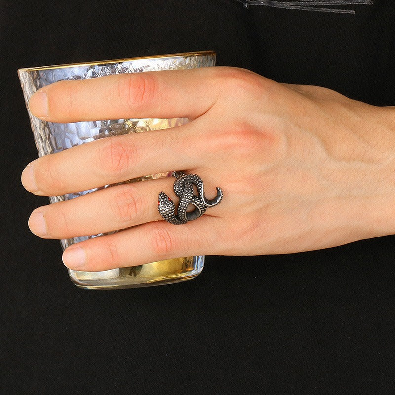 Kemstone Serpentine Titanium Steel Ring - Coiled Snake Design with Ruby Eyes, Vintage Gothic Jewelry for Men KR105952