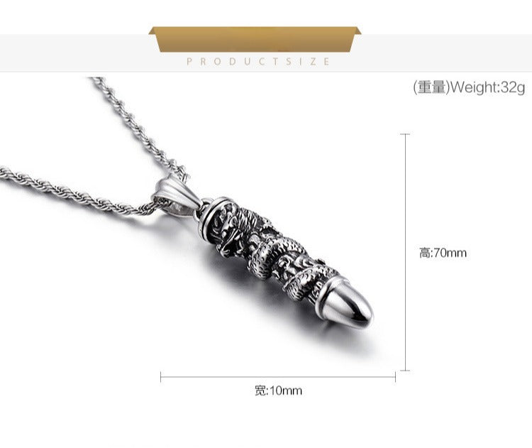 Kemstone Dragon-Wrapped Bullet Pendant – Titanium Steel Necklace for Men, Rugged Norse-Inspired Urban Style KP55643