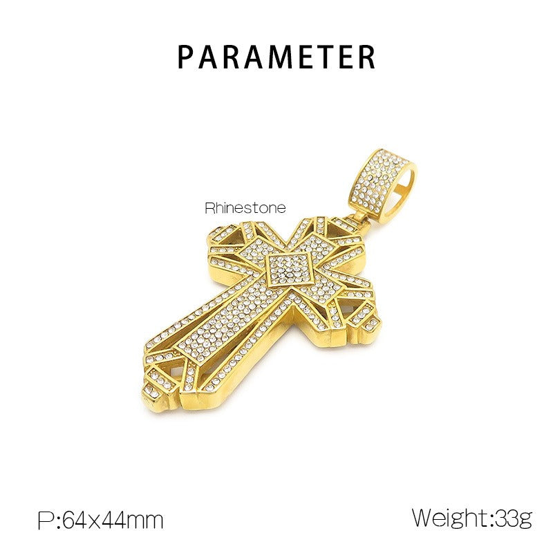 Kemstone Titanium Steel Gold Dual Cross Pendant Necklace – Hip Hop Cubic Zirconia Hollow Design KP130467