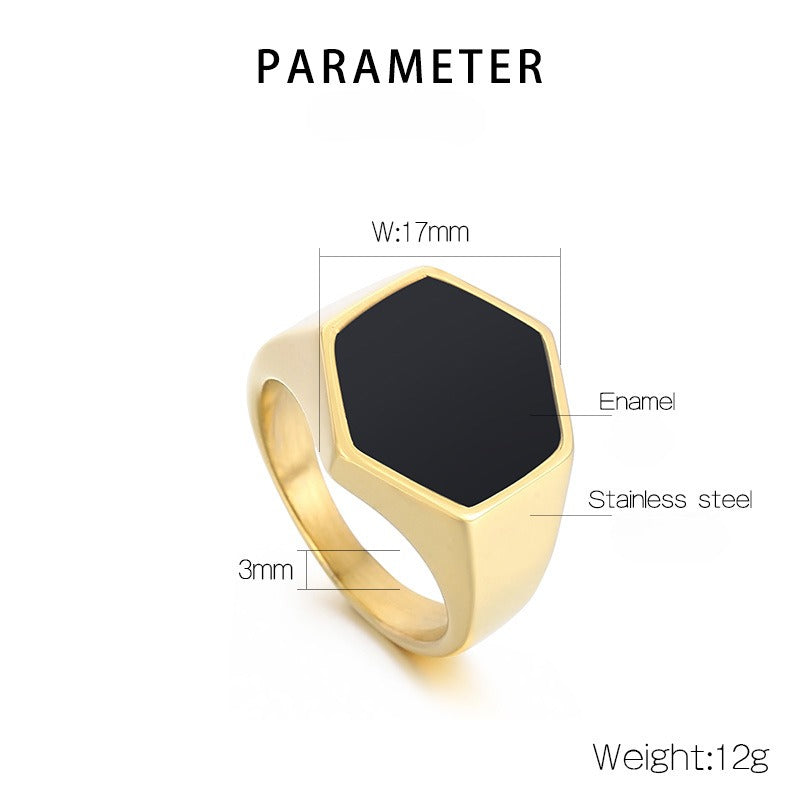 Kemstone Men’s Hexagon Signet Ring – Stainless Steel Black Epoxy Resin Inlay | Gothic Minimalist Jewelry KR105856-KFC