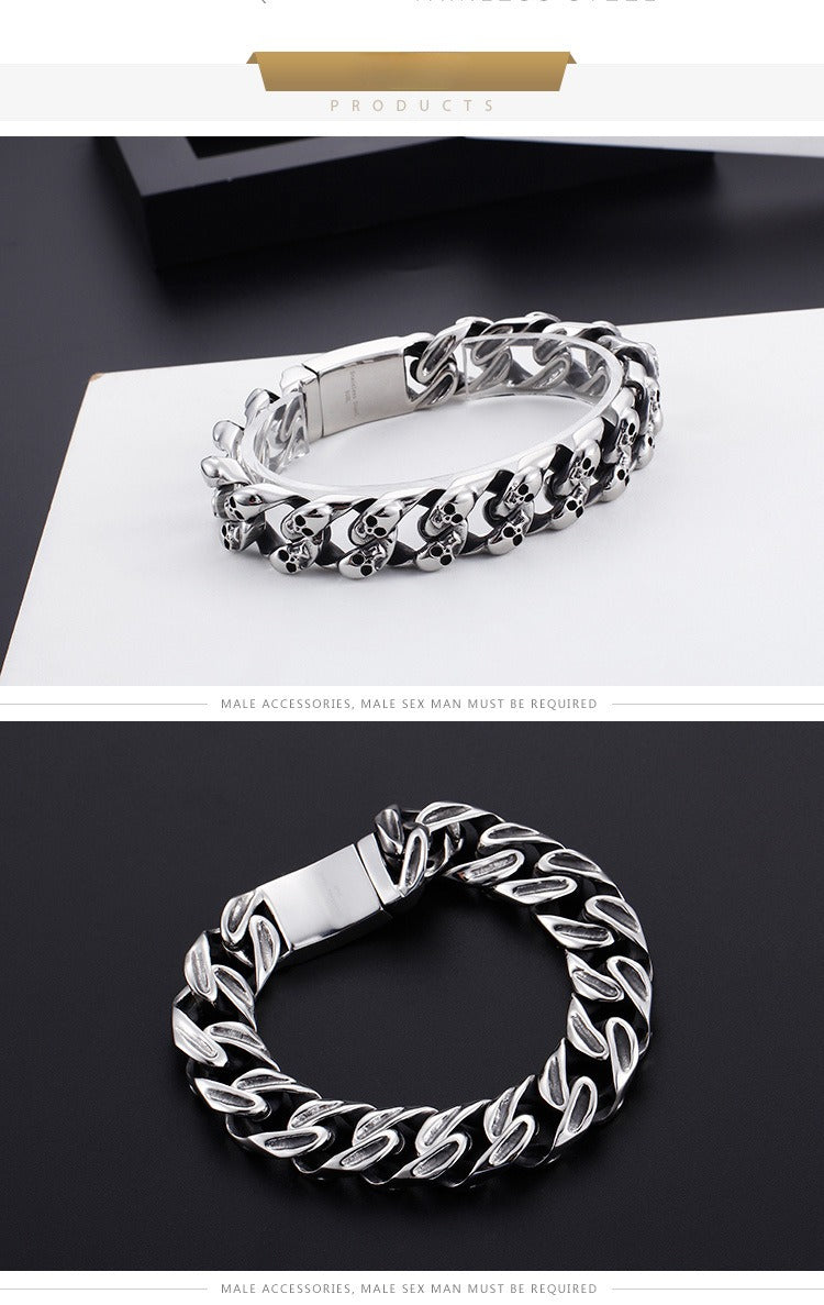 Kemstone Titanium Steel Men's Bracelet - Bold Skull Design with Thick Chain for Edgy Streetwear Style KB80115-BD