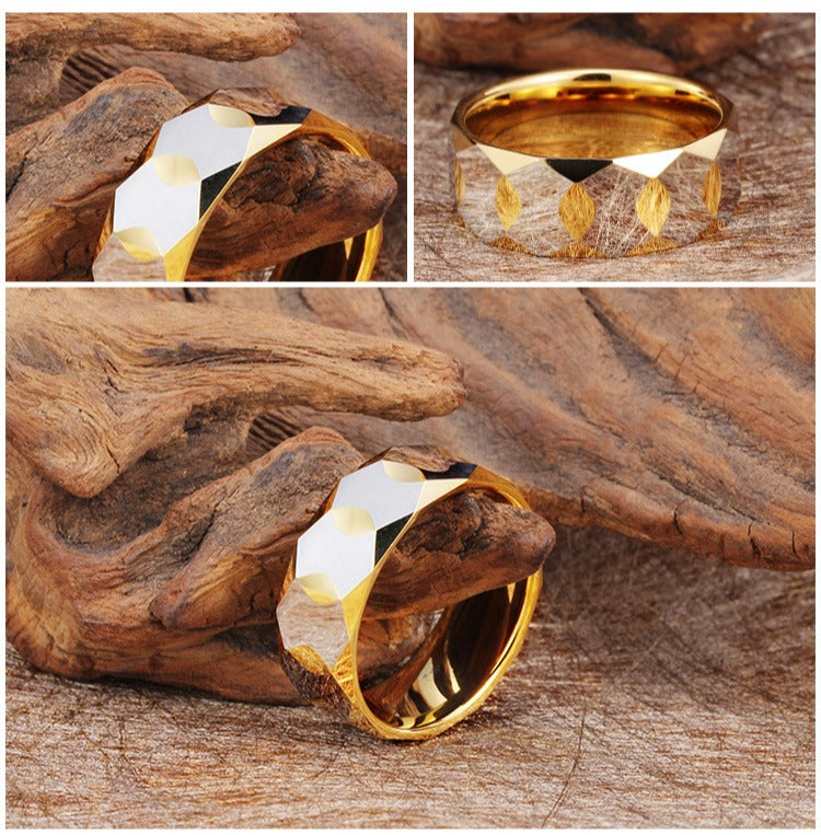 Kemstone Tungsten Geometric Ring for Men & Women – 9mm Faceted Armor Band Dual Tone KR34306