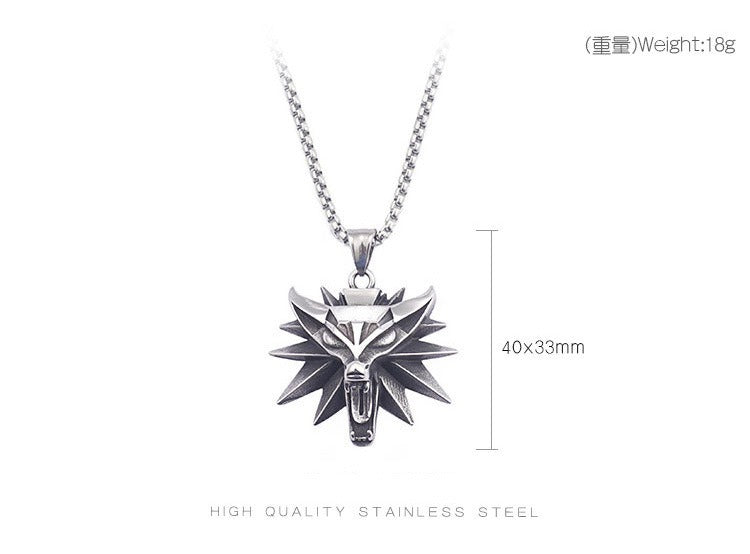 Witcher Wolf Head Pendant Necklace for Men – Gothic Viking Stainless Steel Medallion, Silver/Gold/Black KP59809-K