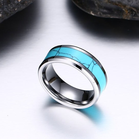 Kemstone Men’s Turquoise Inlay Tungsten Carbide Flat-Edge Ring TCR-023