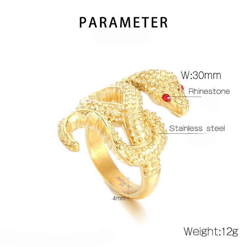 Kemstone Serpentine Titanium Steel Ring - Coiled Snake Design with Ruby Eyes, Vintage Gothic Jewelry for Men KR105952