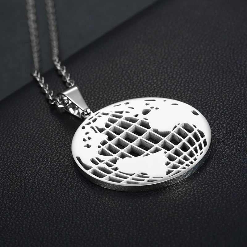 Kemston World Map Pendant Necklace for Men 316L Stainless Steel Openwork TN0186